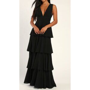 Lulus Amazing Evening Black Tiered Maxi Dress V-Neck Sleeveless Medium Elegant